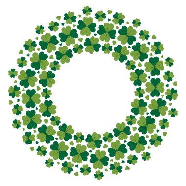 Yonca dörtlüsü ve farklı boyutlarda kalpler modayı takip eden yeşil çerçeveler. Aziz Patrick selamı. İzole Vektör illüstrasyonu Harfleme, kartlar, afişler, afişler, fiyat etiketi, etiket veya web şablonu