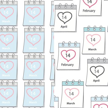 February, March, April 14 Calendar pages with festive date and heart shape stroke Seamless pattern Set of 2. Isolated Vector illustration Wallpaper, wrapping or web promo, poster, banner, background clipart