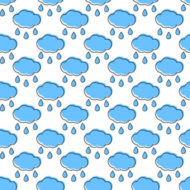 Bulutlar ve damlalar mavi dolgu ile çizilmiş. Kusursuz bir hava durumu arkaplanı değil. İzole Vektör illüstrasyonu Paketleme, duvar kağıdı veya ağ, poster, afiş, broşürler, fiyat etiketi, etiket