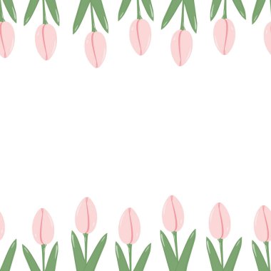 Moda pembe üst ve alt çerçeve sınırında uzayı kopyalayan laleler. Kadınlar Günü Kutlama Şablonu. İzole Vektör illüstrasyon kartları, posterler, broşürler, afişler, etiketler, sosyal medya veya web tanıtımı