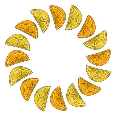 Limon ve portakal dilimleri moda Pop Art ve siyah vuruşlu. Yuvarlak çerçeve sınırı. Uzay şablonunu kopyala. İzole Vektör illüstrasyon Kapağı, posterler, broşürler, broşürler, fiyat etiketleri, etiketler veya web
