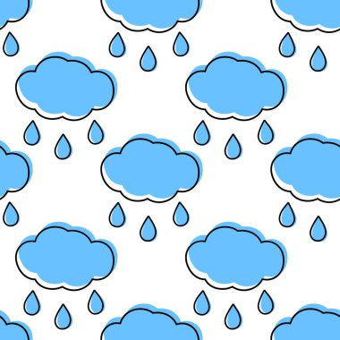 Bulutlar ve damlalar kusursuz mavi desenli, hat boyunca değil. Yağmurlu hava arka plan dokusu. İzole Vektör illüstrasyonu Paketleme, duvar kağıdı veya web tanıtımı, poster, afiş, kartlar, fiyat, etiket