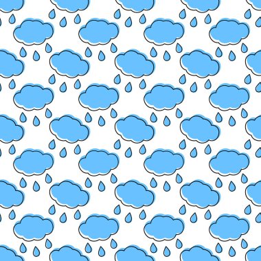 Damlaları olan ana hatlı bulut kusursuz desen boyunca değil. Yağmurlu hava geçmişi konsepti. İzole edilmiş Vektör illüstrasyon Duvar Kağıdı, ambalaj veya ağ, kartlar, poster, afiş veya web tanıtımı, etiketler