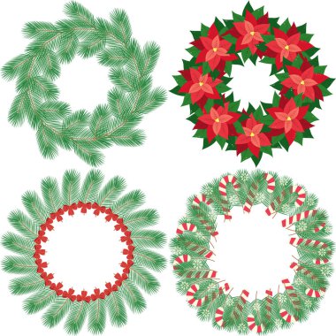 Poinsettia, çam dalları ve şenlikli süslemeler. Noel ve Yeni Yıl Çelenkleri 4 kişilik. Uzay şablonunu kopyala. İzole Vektör illüstrasyon kartları, posterler, broşür, afiş, selamlama veya web