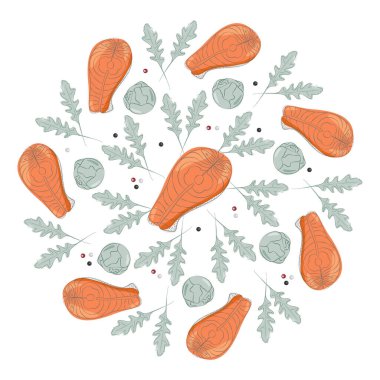 Brüksel lahanası, roka, somon ve farklı biberler. Sağlıklı beslenme çemberi dokusu. İzole Vektör illüstrasyon Tematik kartı, poster, afiş, broşür, fiyat etiketi, etiket veya web tanıtımı