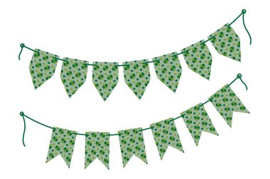 Pennant garlands on rope quatrefoil clover and decorative hearts pattern in trendy monochrome green. St Patrick greeting Set 2 Isolated Vector illustration Card, poster, leaflet, banner or web promo clipart