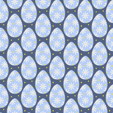 Eggs floral and decorative stars pattern Seamless Pattern on dark blue. Easter Eggs festive backdrop. Isolated Vector Illustration Wrapping, wallpaper or web promo, card, leaflet, banner, price, label