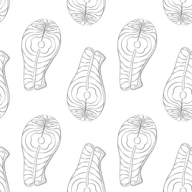 Somon bifteğinin ana hatları kusursuz. Sağlıklı Yeme Günü Arkaplanı veya duvar kağıdı tasarımı konsepti. İzole Vektör illüstrasyonu Paketleme, paketleme veya web tanıtımı, kartlar, broşür, afiş, fiyat etiketi, etiket