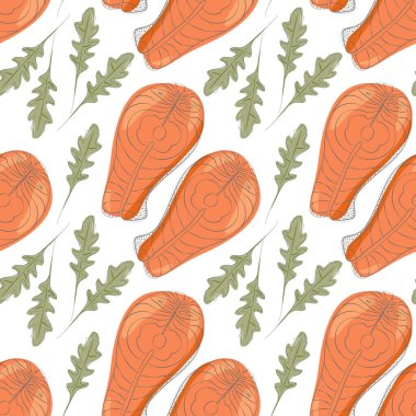 Arugula yaprakları ve somon bifteği pürüzsüz desenli, modaya uygun yumuşak gölgelerle dolu değil. Sağlıklı beslenme geçmişi. İzole Vektör illüstrasyonu Paketleme, duvar kağıdı veya ağ, posterler, afişler