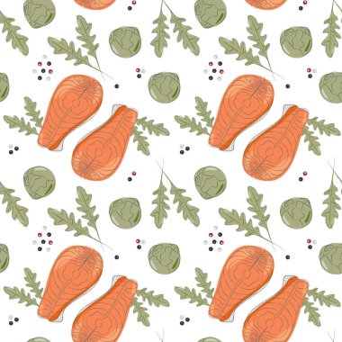 Somon bifteği, roka yaprağı, Brüksel lahanası filizi başı ve biberli mısır karışımı dikişsiz desen. Yemek düşkünü. İzole Vektör illüstrasyonu Sağlıklı Yeme Günü tanıtımı ya da kart geçmişi, broşürler, afişler, etiketler