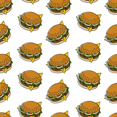 Hamburger salatası, domates, soğan halkası, susamlı çörek, peynirli fast food kusursuz desen. Hamburger Günü arkaplanı. İzole Vektör illüstrasyon Duvar Kağıdı, ambalaj veya web tanıtımı, menü veya Tematik Kartlar, ortam gönderileri