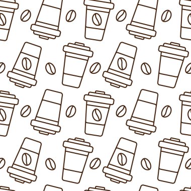 Tek kullanımlık kahve fincanları ve modaya uygun minimalizmde kusursuz desenler. Kahve düşkünü. İzole edilmiş Vektör illüstrasyon Duvar Kağıdı, ambalaj veya web tanıtımı, tebrik kartı broşürü, afiş, etiket