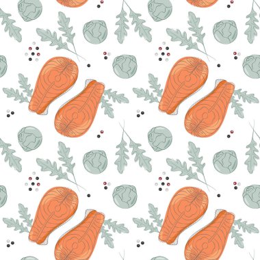 Somon bifteği, Brüksel lahanası filizi, roka yaprağı ve biber karışımı dikişsiz desen. Sağlıklı yiyecekler. İzole Vektör illüstrasyonu Sağlıklı Yeme Günü arka plan dokusu, web tanıtımı veya kartları, etiketler, etiketler