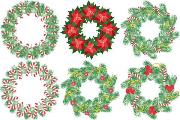 Noel ya da Yeni Yıl süslenmiş her daim yeşil dal ve Poinsettia çelenkleri. Çember çerçeveleri 6 şablonu ayarlayın. Boşluğu kopyala İzole Vektör illüstrasyon Harfleri, Tebrik kartı, broşür, pankart, etiket veya web tanıtımı