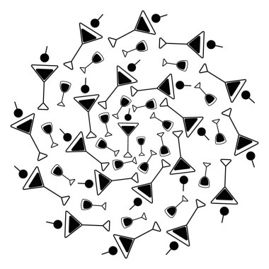 Kokteyl ve shot bardakları siyah-beyaz yuvarlak arka plan dokusu modaya uygun minimalist tarzda. İzole Vektör illüstrasyon Tematik Kartlar, gönderim, blog, broşürler, pankart, etiket, etiket veya web tanıtımı 