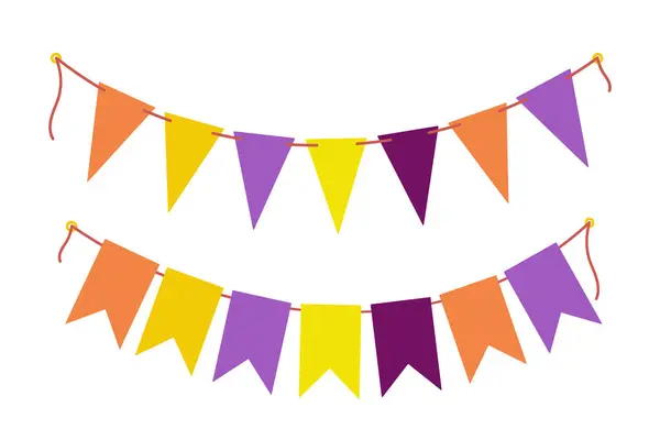 Neşeli Pennant çelengi, Cadılar Bayramı 'nda moda turuncu, sarı ve mor renklerde ipte. 2 elementi ayarla. İzole Vektör illüstrasyon Kartları, poster, afiş, sınır veya web tanıtımı, davetiyeler, etiket, fiyat