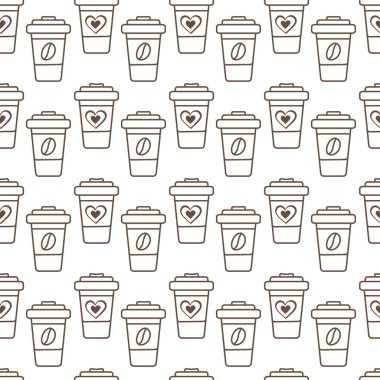 Üzerinde kalp ya da kahve çekirdeği olan tek kullanımlık fincanlar etiketsiz kahve içme arkaplanı. İzole Vektör illüstrasyon Duvar Kağıdı, ambalaj veya web tanıtımı, broşürler, afişler, kartlar, fiyat etiketleri
