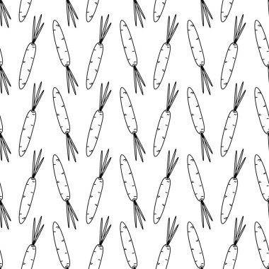 Siyah beyaz yapraklı ana hatlarıyla Havuç. Karalama stilinde. Sağlıklı yemek geçmişi. İzole edilmiş Vektör illüstrasyon Duvar Kağıdı, ambalaj veya web tanıtım afişi, broşürler, posterler, etiket, etiket