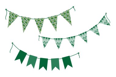 Festive pennant garland on rope in monochrome green and pattern St Patrick Day design elements Set 3. Isolated Vector illustration Thematic or greeting cards, post, blogs, leaflets or web promo, label clipart