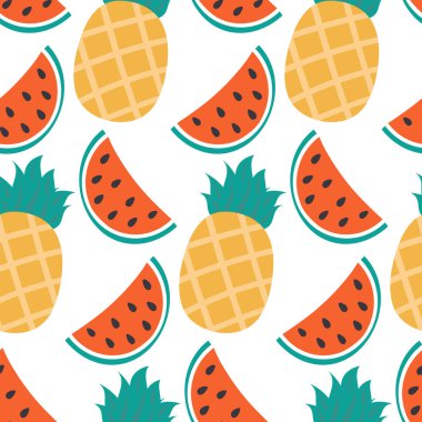 Şekillendirilmiş Ananas ve Karpuz, son moda yaz renklerinde kusursuz desenleri minimalist tarzda dilimler. İzole edilmiş Vektör illüstrasyon Duvar Kağıdı ambalajı veya web tanıtım afişi, Tematik kartlar, gönderim, blog