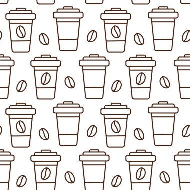 Moda kahverengi minimalist konseptte kahve çekirdekleri olmayan ana hatlı tek kullanımlık kahve fincanları. İzole edilmiş Vektör illüstrasyon Duvar Kağıdı, ambalaj veya web tanıtım afişi, tebrik kartları, broşür, etiket