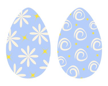 Paskalya yumurtaları ev yapımı dekoratif süsler ve çiçekler. Paskalya kutlaması tasarım elemanı konsepti. 2 İzole Vektör İllüstrasyon Etiketi, Simge, Tebrik kartı, broşür, pankart ya da web tanıtımı ayarla