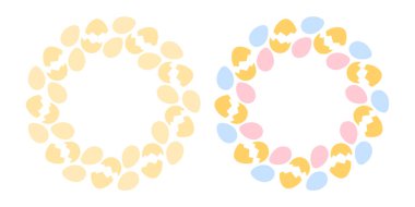 Çatlamış yumurta dairesel çerçeveler altın tek renkli ve rengarenk. Uzay Şablonu fikrini kopyala. İkinci set. İzole Vektör illüstrasyon Tematik kartları, etiketler veya web tanıtım afişi, broşürler, broşürler