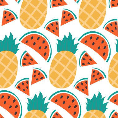 Karpuz dilimleri ve yapraklı ananas. Summer Diamless Destern. Egzotik meyve arkaplanı kavramı. İzole edilmiş Vektör illüstrasyon Duvar Kağıdı, ambalaj veya web tanıtım afişi, Tematik kartlar, broşürler, etiket