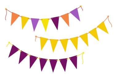 Cadılar Bayramı 'nda ya da parti gölgesinde ipte gezen üç köşeli Pennant çelengi. 3 Tasarım ögesini ayarla. İzole Vektör illüstrasyon Tematik kartları, poster, afiş veya web tanıtım broşürü, etiket, fiyat etiketi