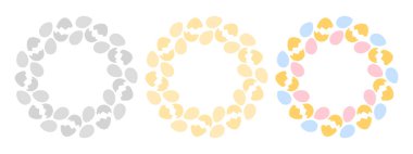 Kırık ve Paskalya Yumurtalarının Yuvarlak Çerçeveleri renkli ve gri tonlarıyla sınırlıdır. Uzay Şablonu 2 'yi kopyala. İzole Vektör illüstrasyon Tematik kartı, broşür, kitapçık, fiyat etiketi, etiket veya web tanıtım afişi