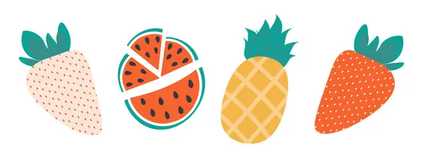 Beyaz ve kırmızı çilek, karpuz dilimleri ve ananas. Yaz mevsimlik meyve tasarımı elementi. İzole Vektör illüstrasyon Tematik kartları veya web tanıtım afişi, broşür, fiyat etiketi, etiket, poster
