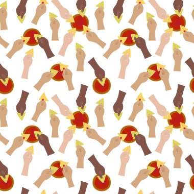 Kadın ve erkek farklı milletlerden. Salsa soslu sos sosuna batırılmış, dikişsiz patern. İzole Vektör illüstrasyon Nacho Günü kartları arka plan veya web tanıtım afişi, broşürler, etiketler, etiketler