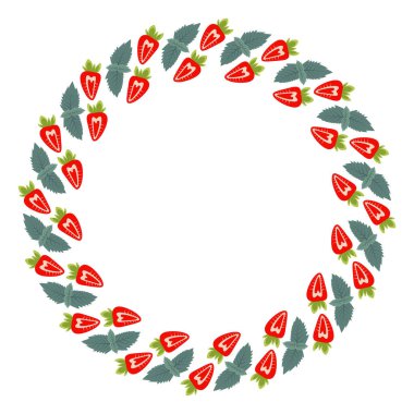 Yarı Çilek ve nane Çerçeve Sınırı 'ndan çıkıyor. Yaz zamanı meyve kopyalama hızı şablonu konsepti. İzole Vektör illüstrasyon Tematik veya menü kartları, broşürler arka plan, etiket veya web tanıtım afişi