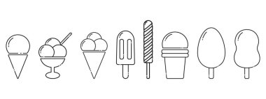 Dondurma külahı, Eskimo ve tabakta boncuklar doğrusal simgeler Pictogram Logo minimalist tasarım seti 8. İzole Vektör illüstrasyon Tematik kartlar, poster, broşürler, fiyat, etiketler veya web tanıtım afişleri