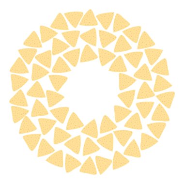 Nachos Triangular Tortilla cipsleri. Dairesel çerçeve, Meksika yemekleri veya Nacho Günü fotokopi uzay şablonu. İzole Vektör illüstrasyon Tematik kartları, poster veya web tanıtım afişi, broşür, fiyat etiketi, etiket