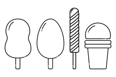 Eskimo çubuk oval ve dalga şeklinde, dondurulmuş meyve suyu ve waffle fincanı lineer ikon fikri 4. İzole Vektör illüstrasyon Tematik kartları, poster veya web tanıtım afişi, broşürler, fiyat etiketleri, etiketler
