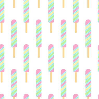 Renkli pastel şeritli lolipop, son moda pembe, mavi, sarı ve yeşil yaz renksiz desenli. İzole edilmiş Vektör illüstrasyon Arkaplan Duvar Kağıdı Web tanıtım afişi, tematik kartlar, broşürler, etiketler