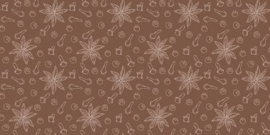 Freehand Star Anise, sade karanfil ve koyu kahverengi şarap baharatlarında dikişsiz desen ışığı. İzole edilmiş Vektör illüstrasyon Duvar Kağıdı, Tematik kart veya web tanıtım afişi, broşür, etiket