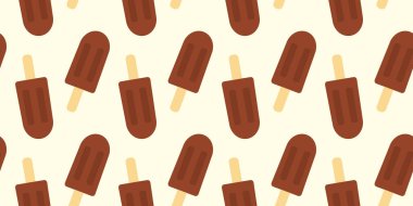 Çikolata kaplı tahta çubuk üzerindeki dondurma yumuşak bej arka plan dokusunda kusursuz desen. İzole edilmiş Vektör illüstrasyon Duvar Kağıdı, Tematik kartları, yazdırma materyalleri veya web tanıtım pankartları