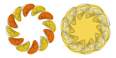 El Çizimi Limon ve Turuncu Dilimler Soyut Turuncu Benekler Dairesel Çerçeve Kenar Kümesi 2. Kopyalama Şablonu. İzole Vektör illüstrasyon Tematik Kartlar veya web tanıtım afişi, broşür, fiyat