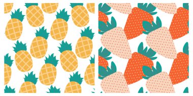 Whole Pineapple White and red strawberry with leaves Seamless Patterns Summer Fruit Background Set 2. Isolated Vector illustration Wallpaper Thematic or menu cards, leaflets, label or web promo banner