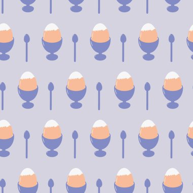 Kısmen soyulmuş haşlanmış yumurta kasesi Kaşıksız, modaya uygun yumuşak mavi kahvaltı desenli. İzole edilmiş Vektör illüstrasyon Duvar Kağıdı Tematik Kartlar, poster veya web tanıtım afişi, broşür