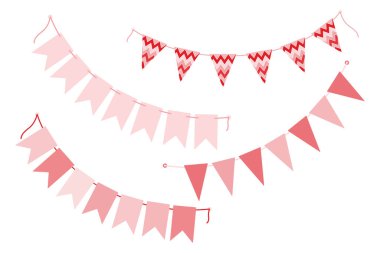 İpte soyut Pennant çelenkleri Tek Renkli Pembe Parti Dekoratif Tasarım Fikri 4. İzole Vektör illüstrasyon Tematik kartları, yayınlama veya web tanıtım afişleri, broşürler, fiyatlar, etiketler