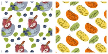 Tarçınlı tarçınlı, nane aromalı, limon dilimli, şeffaf kabuklu cam bardak, dikişsiz desen seti. İzole edilmiş Vektör illüstrasyon Duvar Kağıdı Paketleme veya Web tanıtım afişi Tematik kartlar, etiket, gönderme