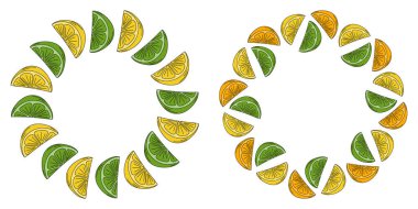 Limonlu Turuncu Dilimler Çember Çerçeve Çerçeve Sınırı Minimalist Pop Sanat Kopyalama Uzay Şablonu Konsepti 2. İzole Vektör illüstrasyon Tematik Kartlar, poster, etiket veya web tanıtım broşürleri, afiş, fiyat etiketleri