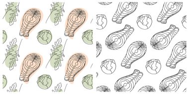 Somon bifteği Brüksel lahanası başları Arugula, Sağlıklı Yeme Arkaplanı 2 'den sorunsuz ayrılır. İzole edilmiş Vektör illüstrasyonu Sağlıklı Yemek Tematik Kartı Duvar Kağıdı veya Web Tanıtım Pankartı, Broşür, Etiket