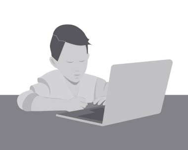 Liseli çocuk internetten gri tonda çalışıyor. Çevrimiçi eğitim minimalist tasarım fikri. Okul konseptine geri dönelim. İzole Vektör illüstrasyon Tematik kartları veya web tanıtım pankartları, broşürler, yazıcı materyalleri veya etiketler
