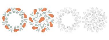 Renkli ve ana hatlı somon bifteği Brüksel lahanası Arugula Circular Frames Background 4 'ü terk ediyor. İzole Vektör illüstrasyonu Sağlıklı Yeme Tematik kartları veya web tanıtım afişi, broşür, etiket, etiket