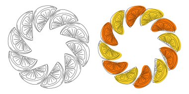 Freehand Limon Portakal Dilimleri Sarı Turuncu Soyut Spotlar Dairesel Çerçeve Kopyalama Alanı 2. Şablon. İzole Vektör illüstrasyon Tematik Kartı veya web tanıtım afişi, broşür, fiyat etiketi, poster