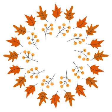 Meşe ve erkek, soyut ince dalları, dairesel çerçeve sınırını sonbahar gölgelerinde, uzay şablonu fikrini kopyalayarak bırakır. Münferit Vektör illüstrasyonu Şükran Günü Davetiye Kartları veya İnternet tanıtım afişi, broşür